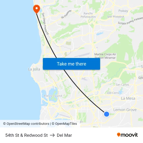 54th St & Redwood St to Del Mar map