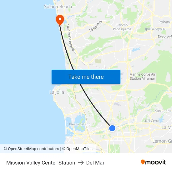 Mission Valley Center Station to Del Mar map