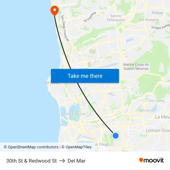 30th St & Redwood St to Del Mar map