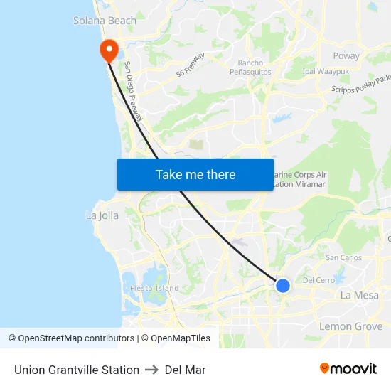 Union Grantville Station to Del Mar map