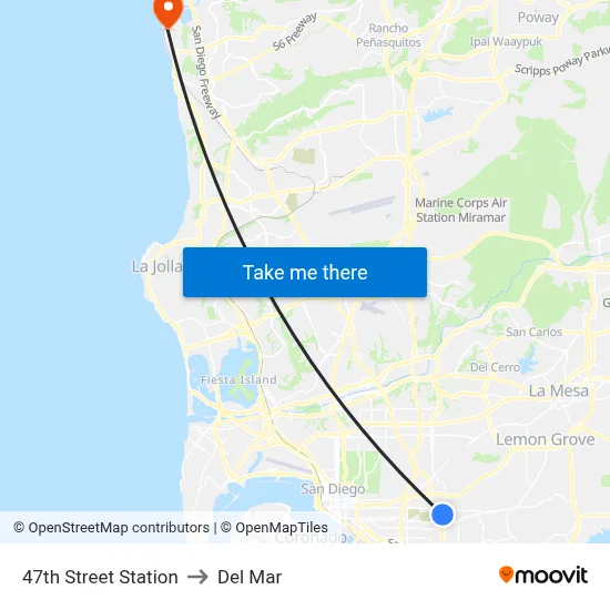 47th Street Station to Del Mar map