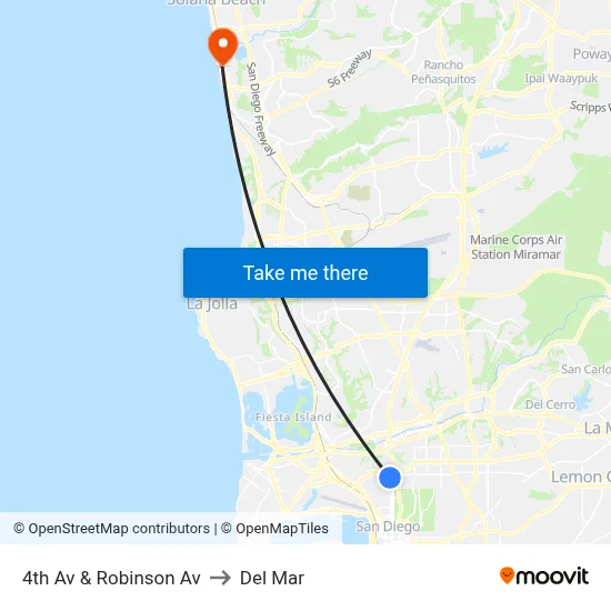 4th Av & Robinson Av to Del Mar map