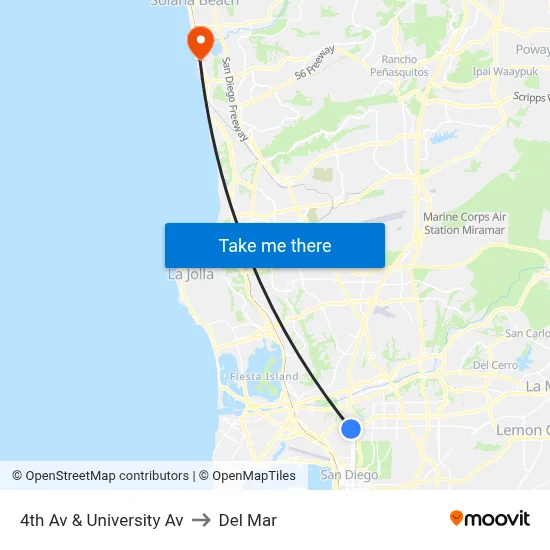 4th Av & University Av to Del Mar map