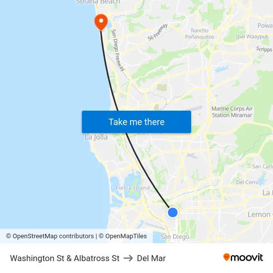 Washington St & Albatross St to Del Mar map