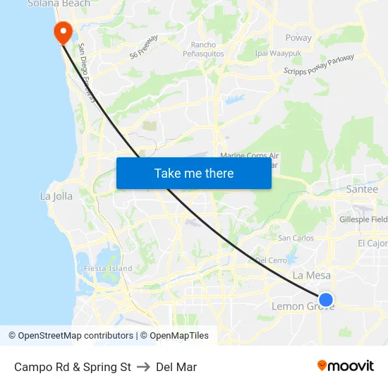 Campo Rd & Spring St to Del Mar map