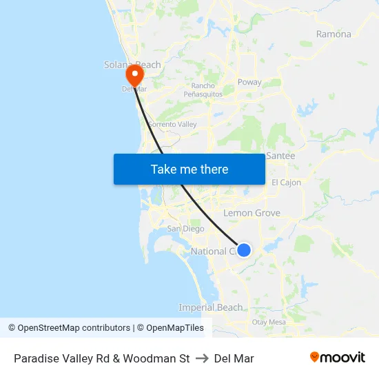 Paradise Valley Rd & Woodman St to Del Mar map