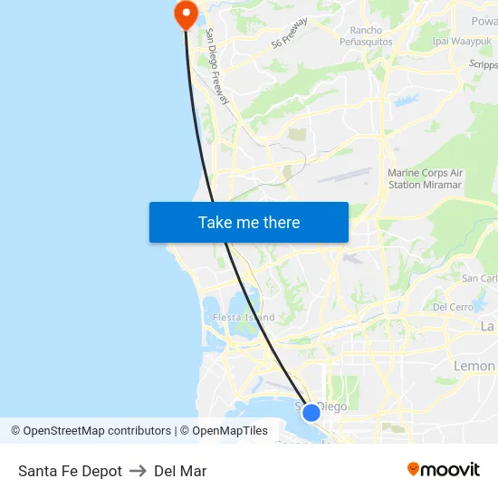 Santa Fe Depot to Del Mar map