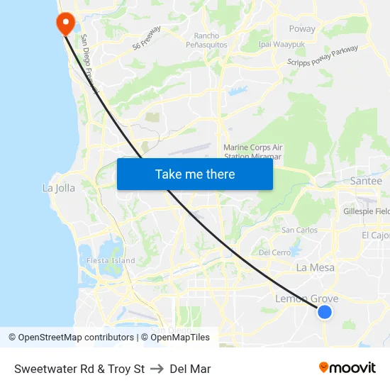 Sweetwater Rd & Troy St to Del Mar map