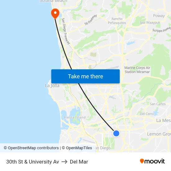30th St & University Av to Del Mar map