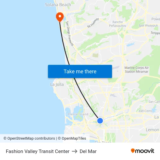 Fashion Valley Transit Center to Del Mar map
