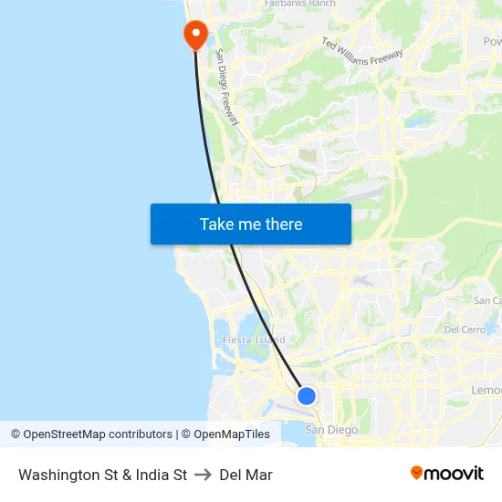 Washington St & India St to Del Mar map