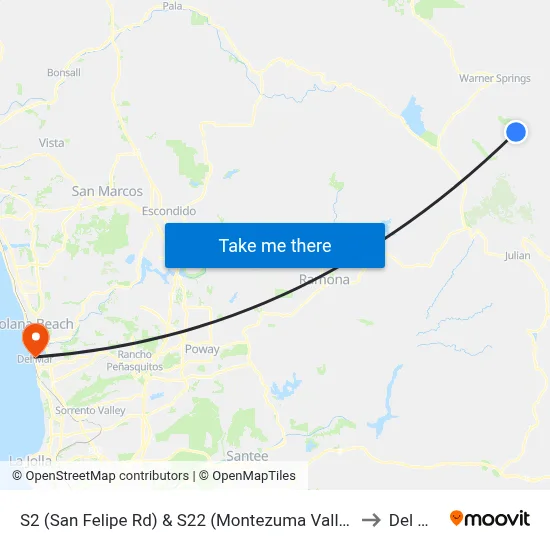 S2 (San Felipe Rd) & S22 (Montezuma Valley Rd) to Del Mar map