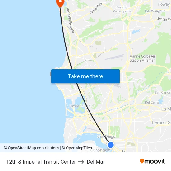 12th & Imperial Transit Center to Del Mar map