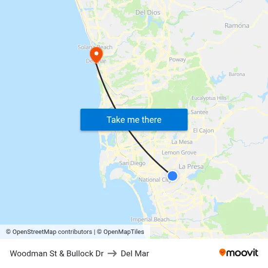 Woodman St & Bullock Dr to Del Mar map