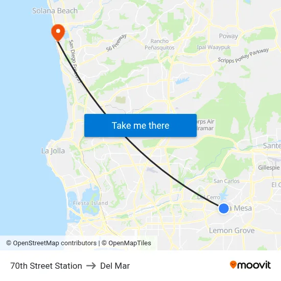 70th Street Station to Del Mar map