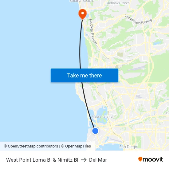 West Point Loma Bl & Nimitz Bl to Del Mar map