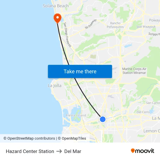 Hazard Center Station to Del Mar map