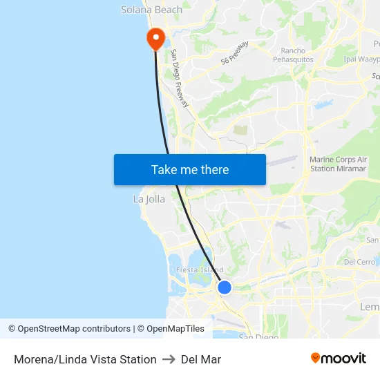 Morena/Linda Vista Station to Del Mar map