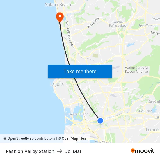 Fashion Valley Station to Del Mar map