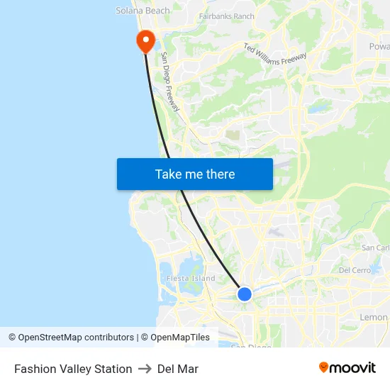 Fashion Valley Station to Del Mar map
