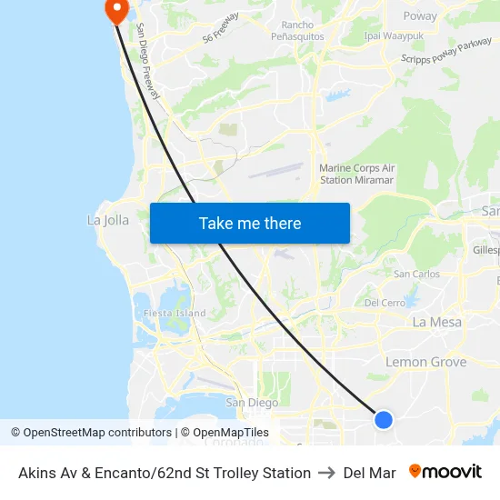Akins Av & Encanto/62nd St Trolley Station to Del Mar map