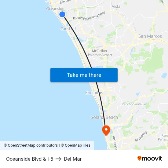 Oceanside Blvd & I-5 to Del Mar map