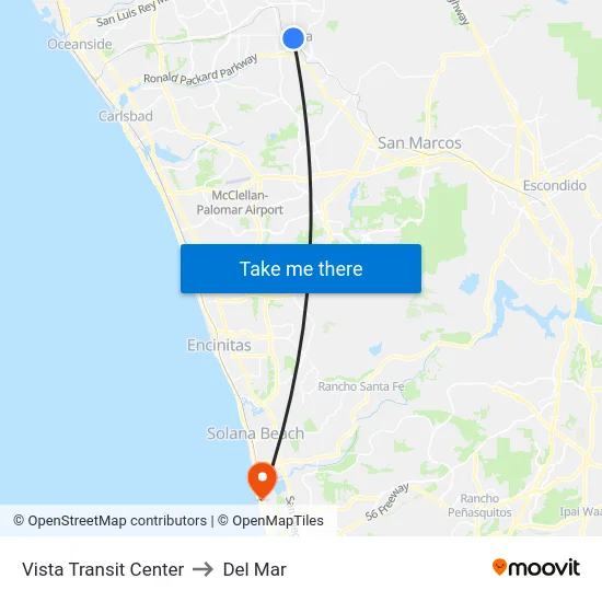 Vista Transit Center to Del Mar map
