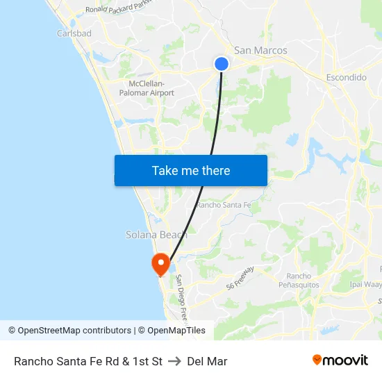 Rancho Santa Fe Rd & 1st St to Del Mar map