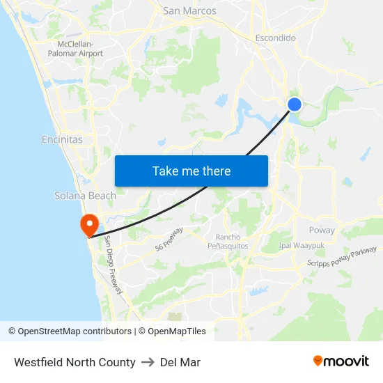 Westfield North County to Del Mar map