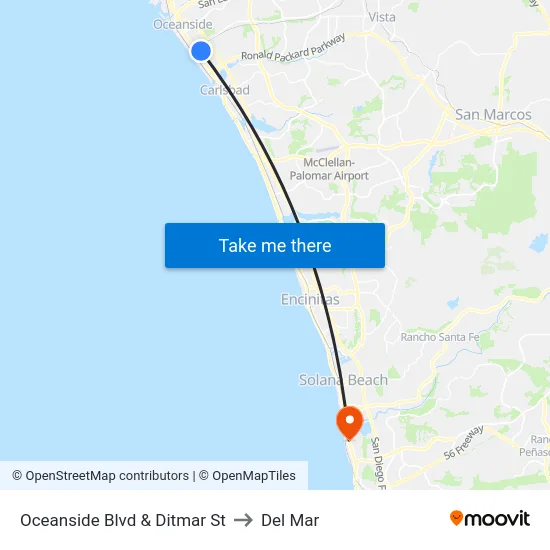 Oceanside Blvd & Ditmar St to Del Mar map