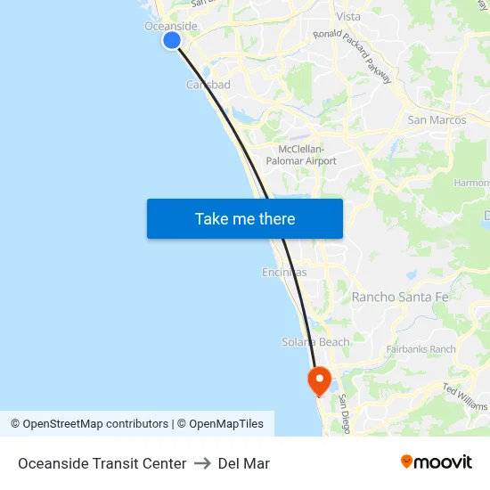 Oceanside Transit Center to Del Mar map