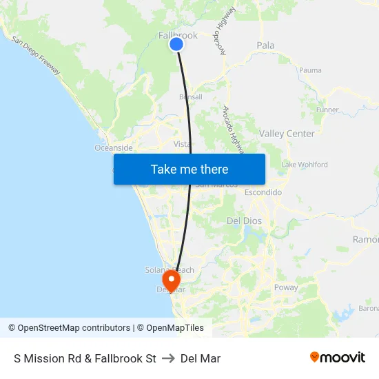S Mission Rd & Fallbrook St to Del Mar map