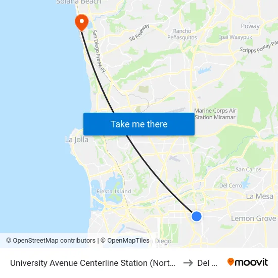 University Avenue Centerline Station (Northbound) to Del Mar map