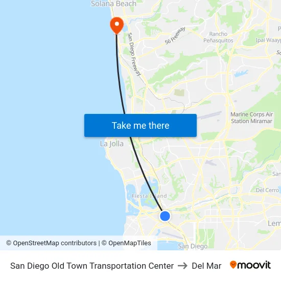 San Diego Old Town Transportation Center to Del Mar map