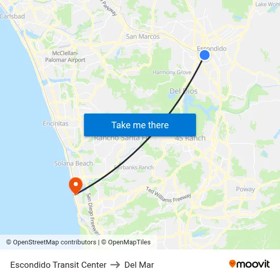 Escondido Transit Center to Del Mar map