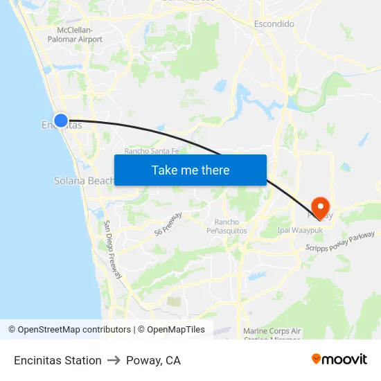 Encinitas Station to Poway, CA map