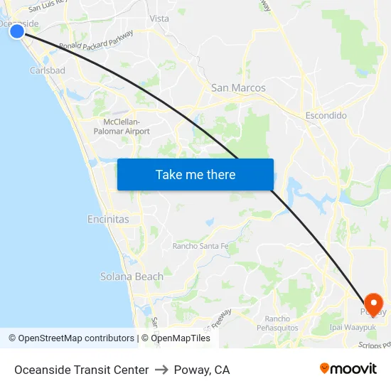 Oceanside Transit Center to Poway, CA map