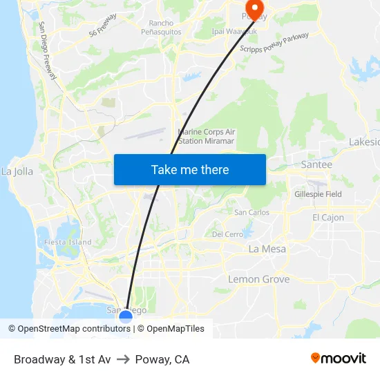 Broadway & 1st Av to Poway, CA map