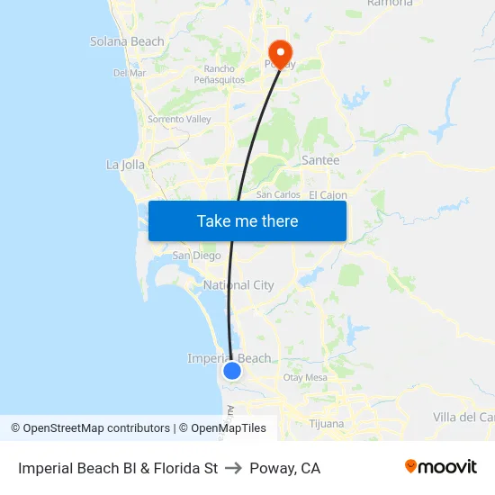 Imperial Beach Bl & Florida St to Poway, CA map