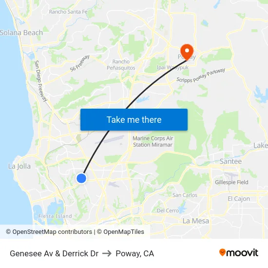 Genesee Av & Derrick Dr to Poway, CA map