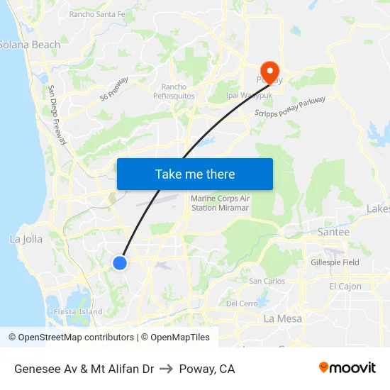 Genesee Av & Mt Alifan Dr to Poway, CA map