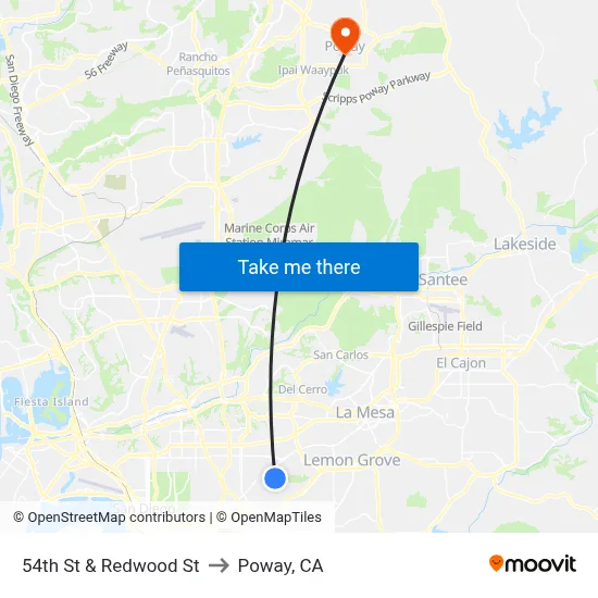 54th St & Redwood St to Poway, CA map
