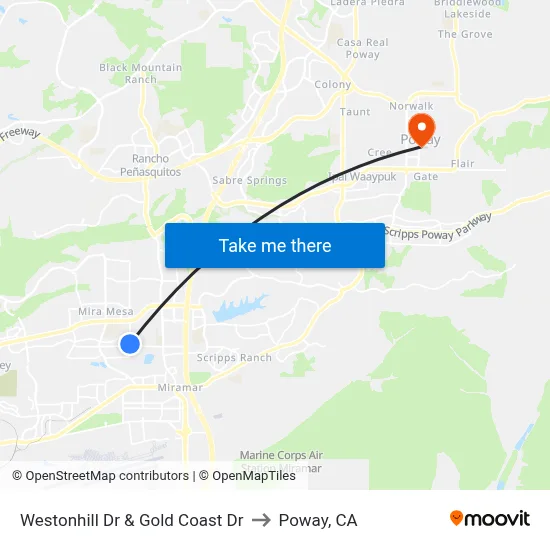 Westonhill Dr & Gold Coast Dr to Poway, CA map