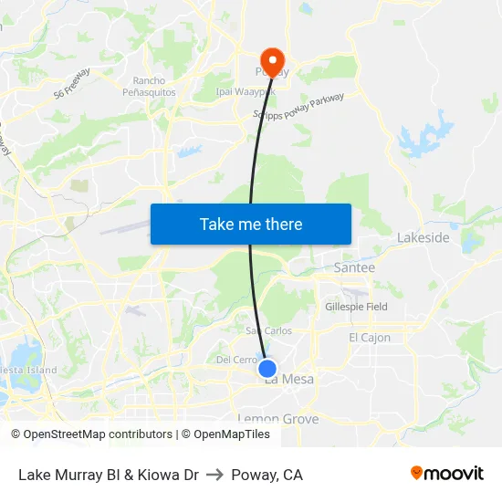Lake Murray Bl & Kiowa Dr to Poway, CA map