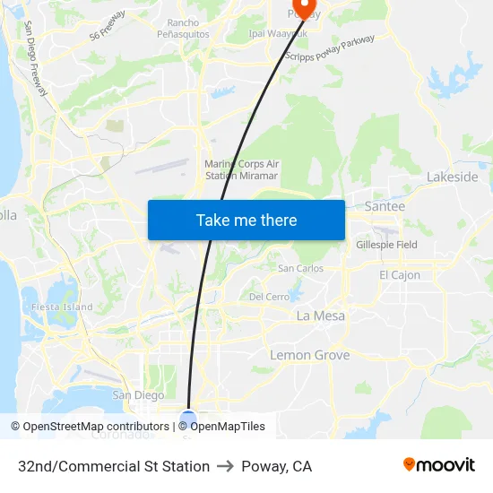 32nd/Commercial St Station to Poway, CA map