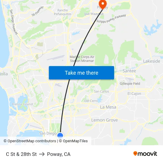 C St & 28th St to Poway, CA map