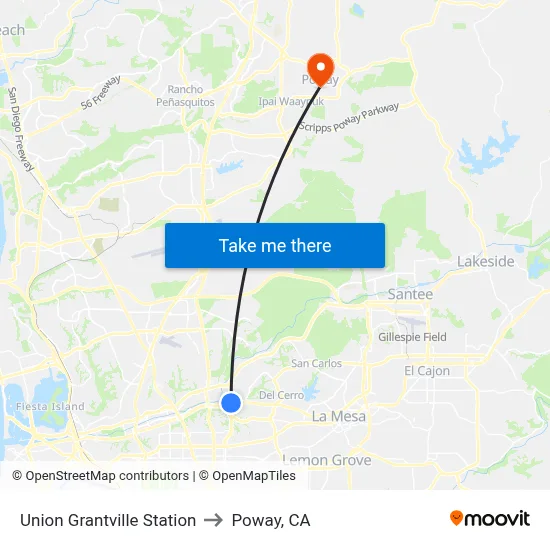 Union Grantville Station to Poway, CA map