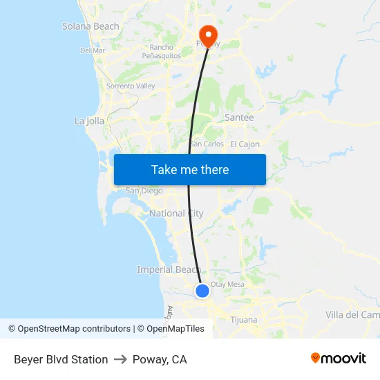 Beyer Blvd Station to Poway, CA map
