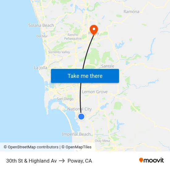 30th St & Highland Av to Poway, CA map