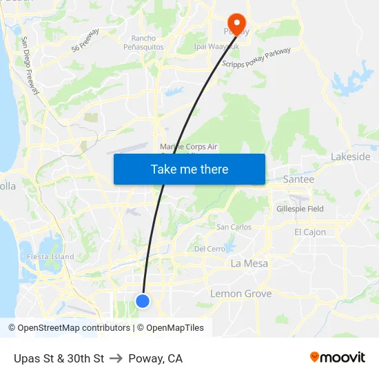 Upas St & 30th St to Poway, CA map